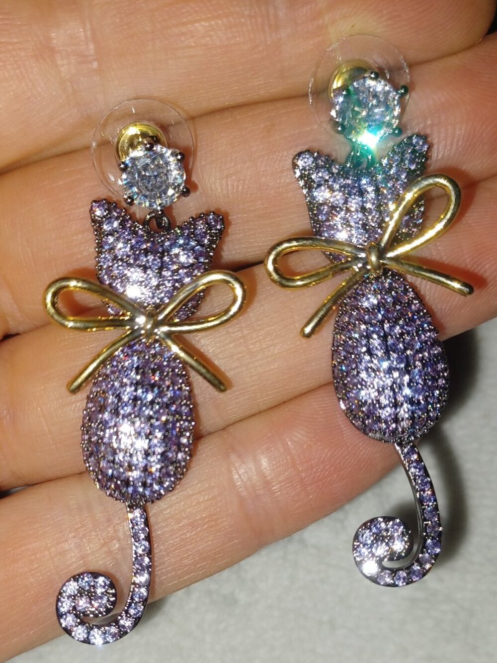 Rhinestone Cat Dangle Earrings